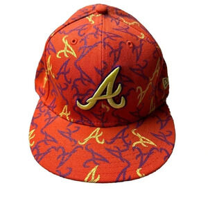 Atlanta Braves Hat New Era 59Fifty All Over Print Baseball Cap Orange 7 3/8 New